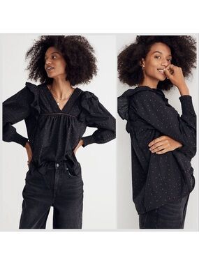 Madewell Voile Ruffled Pintuck Top True Black Ruffle Shoulder Ladder Size M
